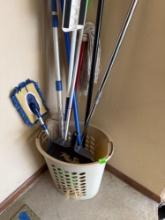 Mops, dust, pans, duster broom, and laundry basket