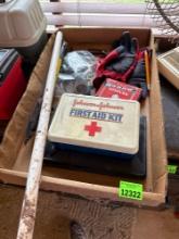 first aid kid, pipes, gloves and staples