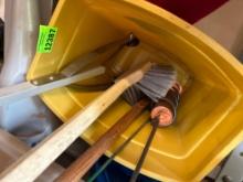 Trash can, tools, grabber and brush