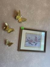 Floral picture frame and 3 gold butterflies