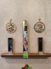 Shall shelf, three mirrors, 2 angel wall hangings