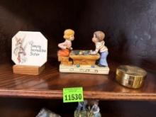 Sister sign, candle in box, boy and girl playing pool