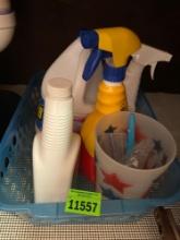 Blue tub with cleaning supplies