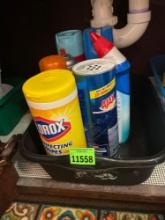 Black tub with cleaning supplies