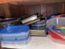 Punchbowl, plastic containers and pans