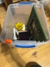 Tote with misc picture frames and table decor