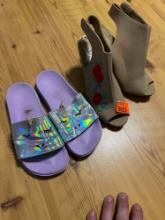 1 pair kids slides and pair of heels Size in photo