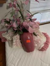 Artifical flower arrangement in vase and misc item