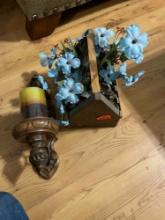 Wall candle holder with candle and artifical flowers