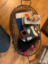 Cute metal serving tray with wicker bottom, with Christmas decor