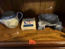 Marble ashtray, Oklahoma coasters, Ceramic tea pot no lid,