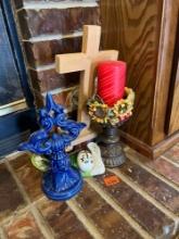 One blue standing cross, one wooden standing cross, fall candle holder with candle and other various