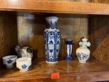 Blue/White asian inspired decorvase,candle holder, tea cups, rooster ?, small vase and cross