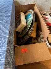First aid kit, metal pepsi tray, metal tray with horse, blow dryer, and other various items