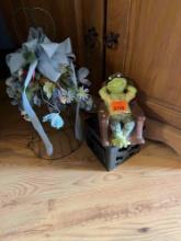 Metal square with elephant cut out on top, Frog figurine, artifical flower decor