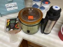 Cutting board, thermos, crock pot and misc wooden item