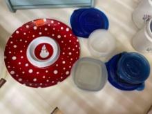 Pie pan, Christmas plates, plastic bowls and lids