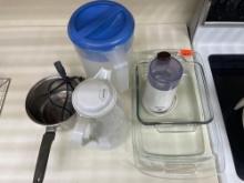 Glass baking pans, metal pan, tea pitcher and coffee craft
