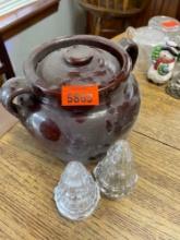 Brown ceramic pot and christmas tree salt/pepper shakers