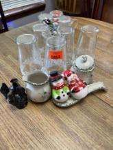 Decorative vintage glasses, Misc Christmas decor and salt/pepper shakers