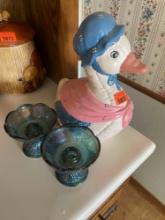 Indian glass iridescent Grapes and leaves pattern candle holders and duck cookie jar
