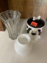 Cute Dog treat container, milk glass item and vase