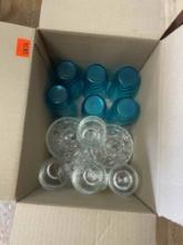 Crystal candy dish, blue glasses and glasses with P etched on them