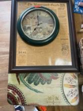 Old newspaper article from Wynnewood, wall clock, rooster floor mat