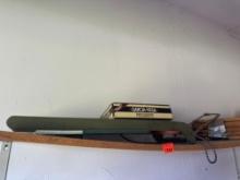 Christmas sled decor, wood pieces, oil can, handsaw and other items