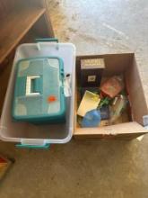 Tote, carrying caddy and misc items in box