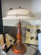 Wooden lamp with glass shade