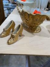 Vintage China gold womens decorative shoe set and bowl