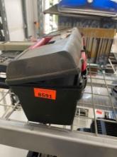 Black plastic toolbox with misc items