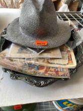 Silver serving tray, hat and calenders