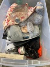 Tote with BMW license plate, fan, glass decanter, warmies, and misc items