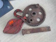 Pulley block, cam gear, metal wedge