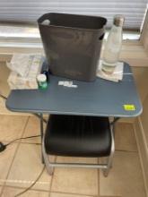 TV tray; trashcan; foot stool; tissues; water bottle; misc