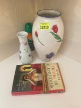 mystery book; decorative vases; bug spray