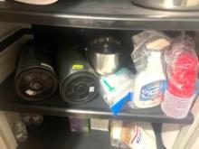 plastic forks/cups; crystal cleaner; coffee pot; misc