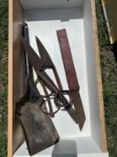 Drawer with small shovel, large cutting shears, vintage hand saw