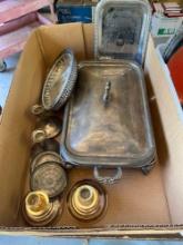Silver serving holder with glass casserole dish, 6 small metal trays, misc item and more