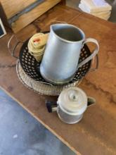 Metal coffee carafes, metal stainer, hand mixer, lazy susan and more