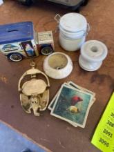 4 cardinal coaster, candle, candle holder, door knocker and tin truck piggy bank and more