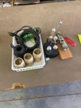 3 Fossilized marble boiled egg holders, homemade nut cracker, cords and tiny cast iron stove