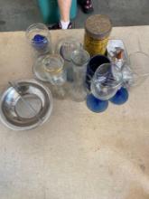 Metal butter dish, glass bowl with lid, 2 wine glasses, vase, snowman glass, vintage baking powder