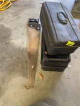 2 Metal tool boxes and a hand saw
