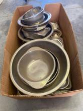 Box of stainless steel bowls and cooking pans