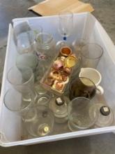 Miniature brass pans, karosene lantern base, wine glasses, drinking glasses