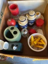 Vintage salt and pepper shakers, tooth brush holder, measuring spoons with holder and misc items