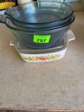 Corningware dishes with lids "spice of life" and several glass bowls
